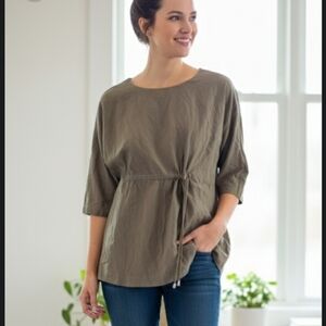 Kal Rieman Cinch Blouse Tunic Top Olive Green Tie Waist Dolman 3/4 Sleeve XS